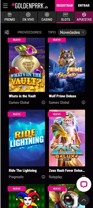 Interfaz de juegos en Goldenpark Casino