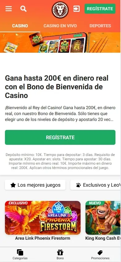 Pantalla de inicio de sesión de LeoVegas en dispositivos móviles y de escritorio