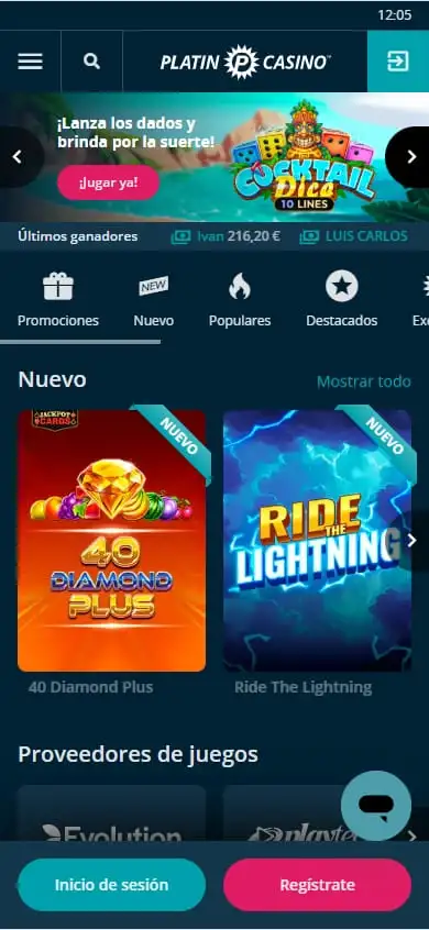 Interfaz de la App Platincasino mostrando tragamonedas en un móvil