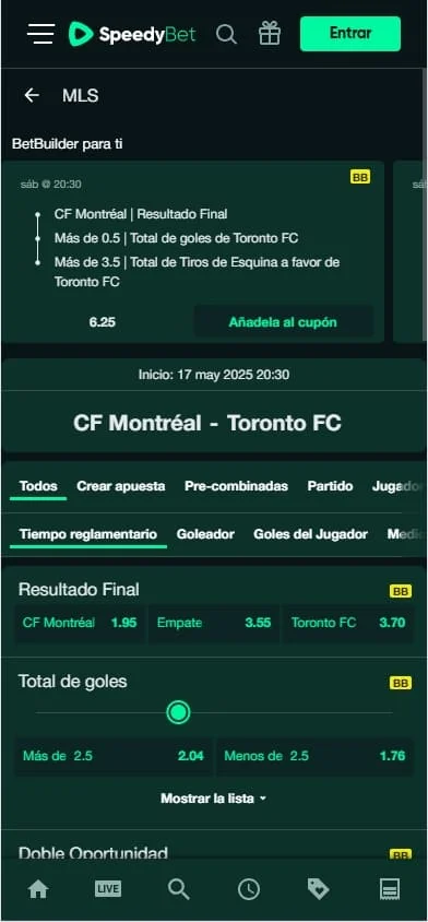 Interfaz de apuestas en vivo de Speedybet mostrando un partido de fútbol