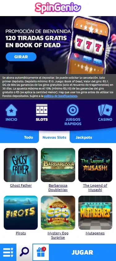 Spingenie mobile casino interface showcasing slot games