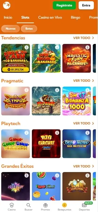 Interfaz de la app Botemania mostrando slots y bingo en un móvil