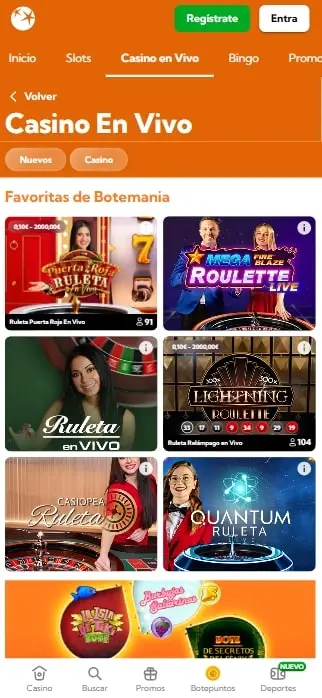 Interfaz de las mesas de ruleta en vivo en Botemania, mostrando estadísticas y opciones de apuesta