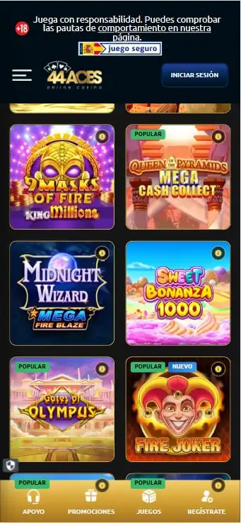 Catálogo de tragaperras de 44Aces Casino con Book of Dead y Big Bass Splash