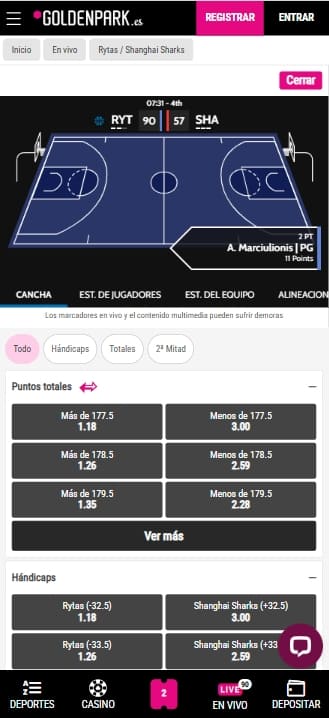 Sección de apuestas deportivas de Goldenpark con fútbol y tenis