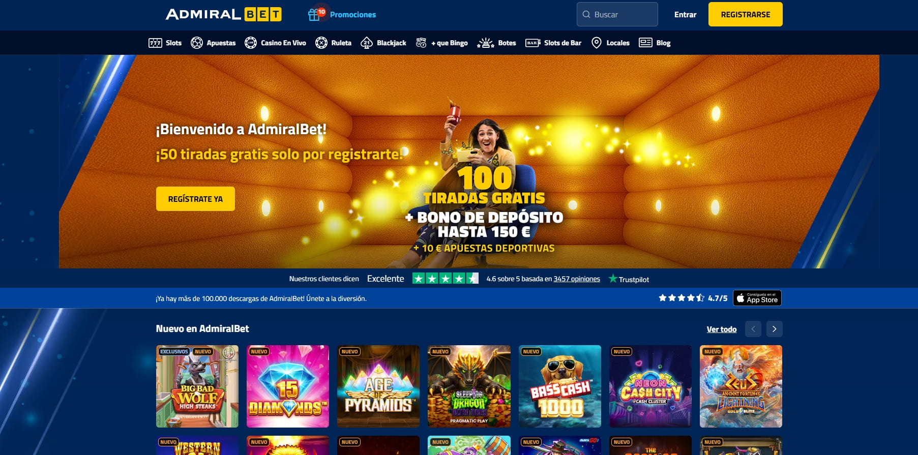 50 giros gratis sin depósito por registro en admiralbet