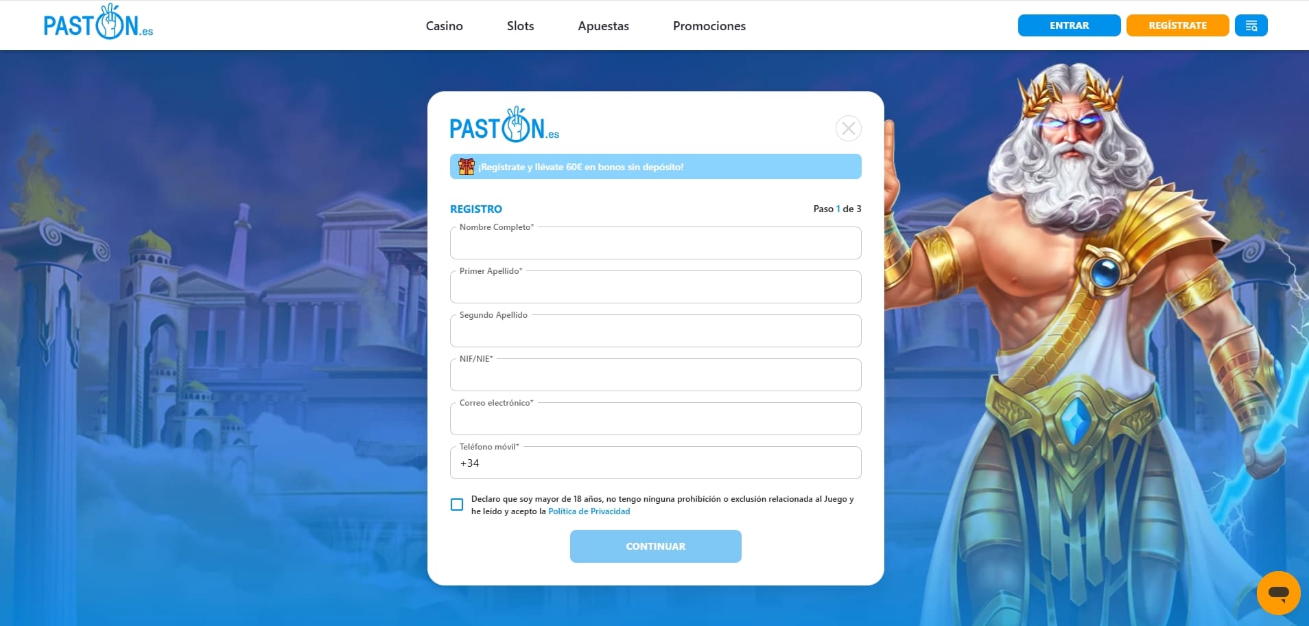 consigue 60€ sin depósito con tu registro en paston