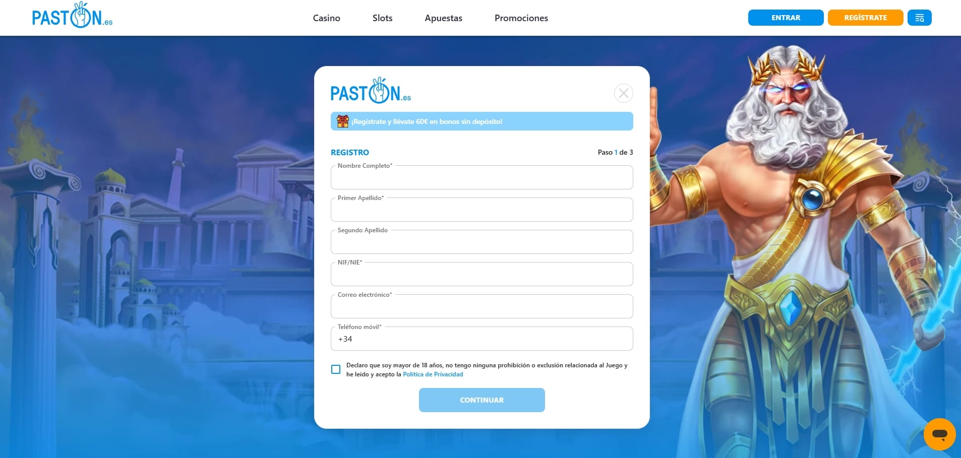 60€ gratis sin depósito en paston