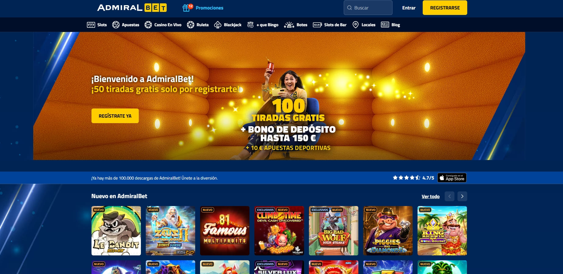el casino nuevo admiralbet te da 50 tiradas gratis por registro
