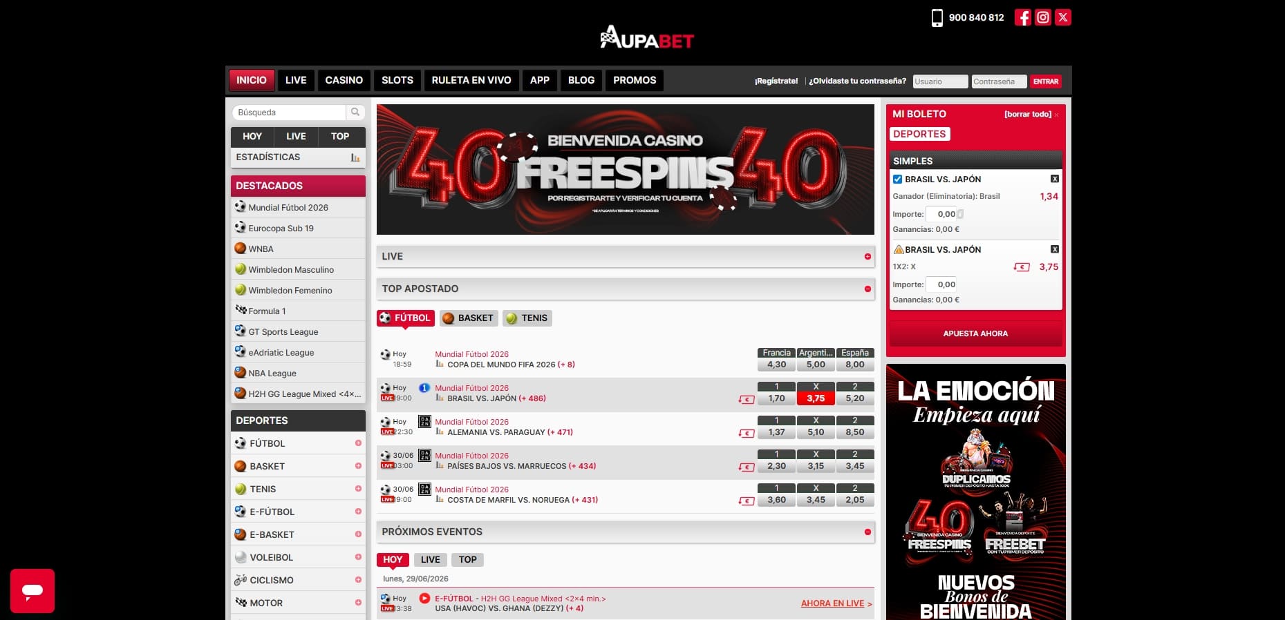 Cuotas de fútbol en la web de apuestas de Aupabet