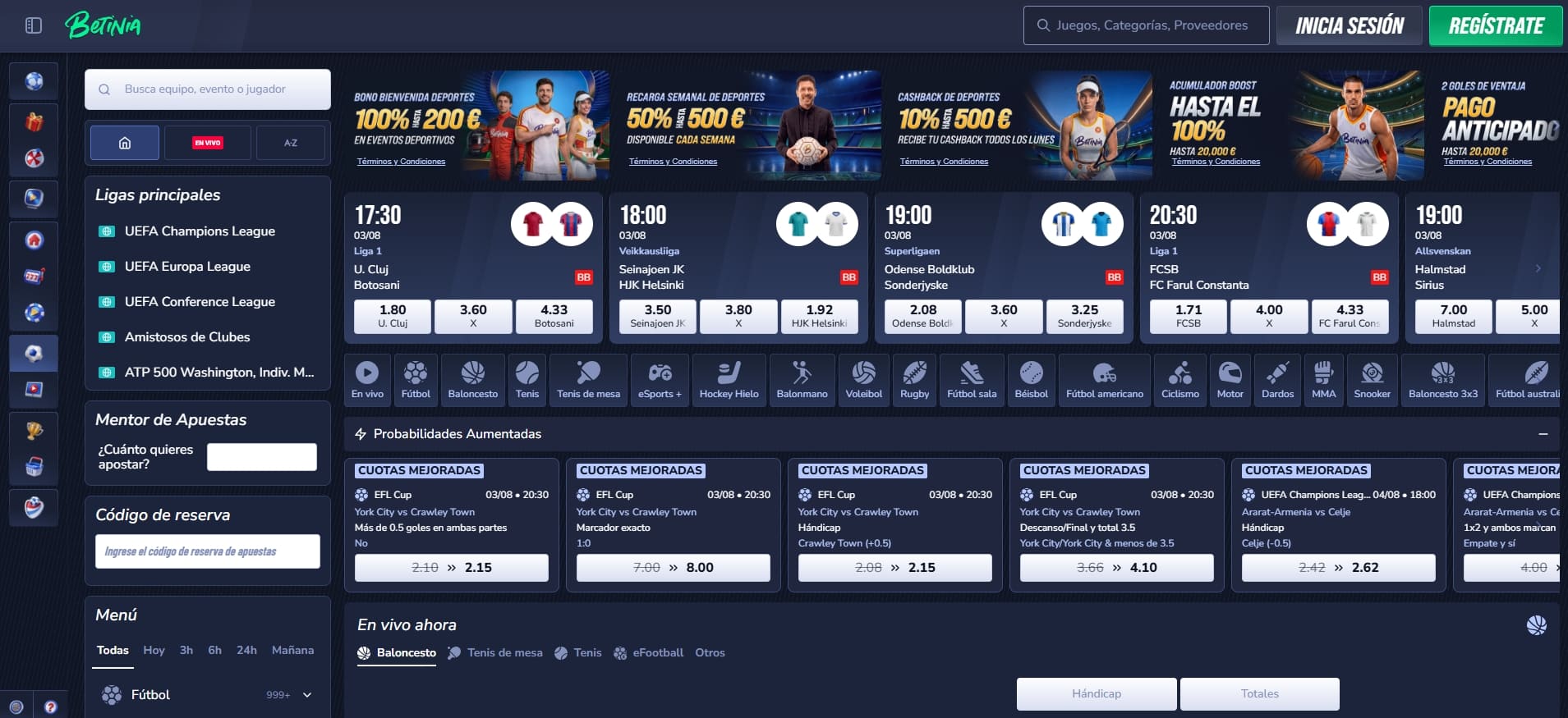 sección de apuestas en vivo de Betinia España