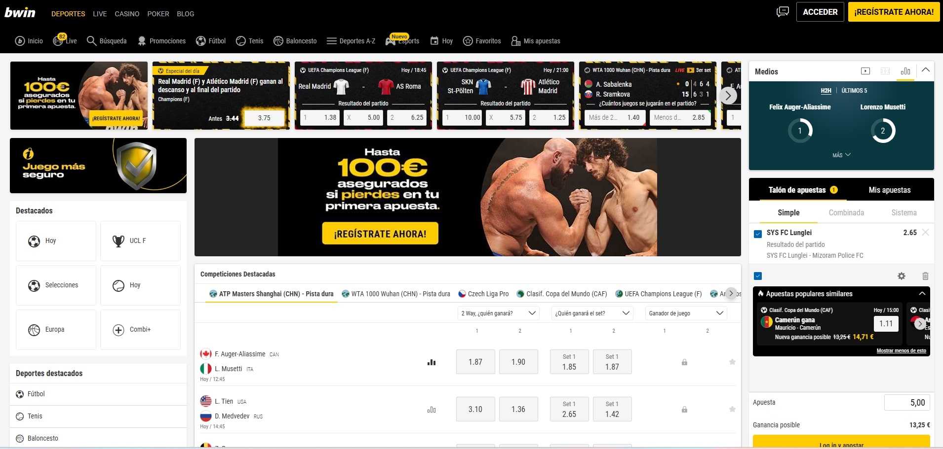 Interfaz de apuestas deportivas en Bwin España con cuotas en directo