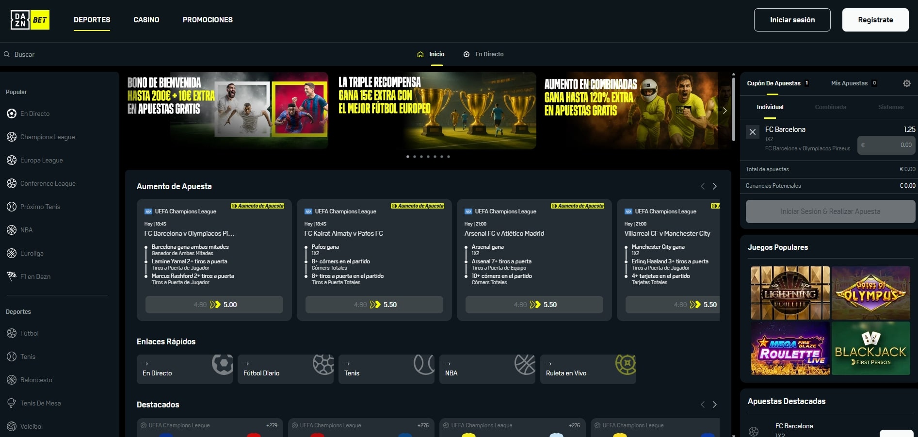 Interfaz de apuestas deportivas en DAZN Bet España con cuotas y eventos en directo