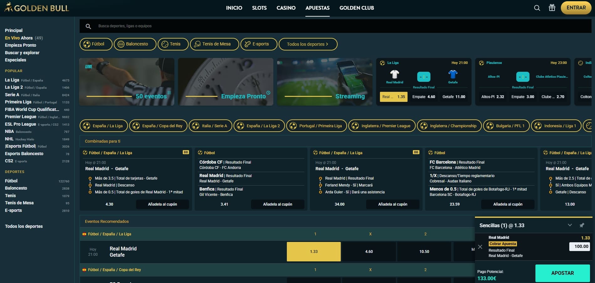 Apuestas deportivas en Golden Bull