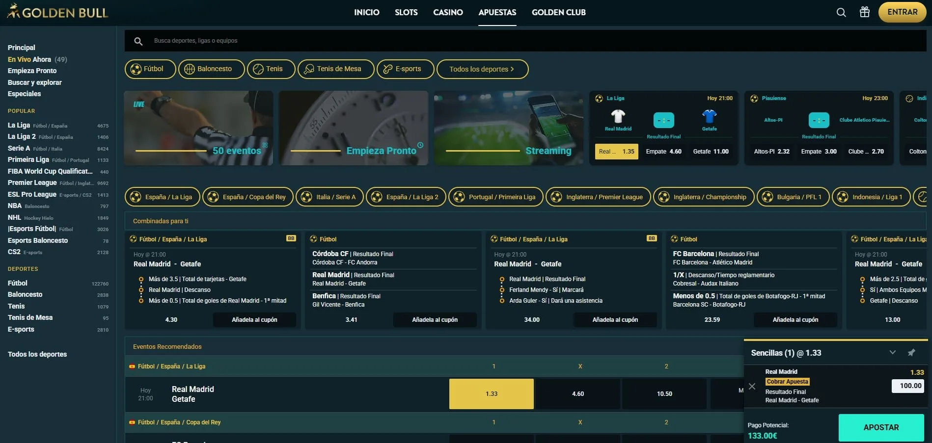 Apuestas deportivas en Golden Bull