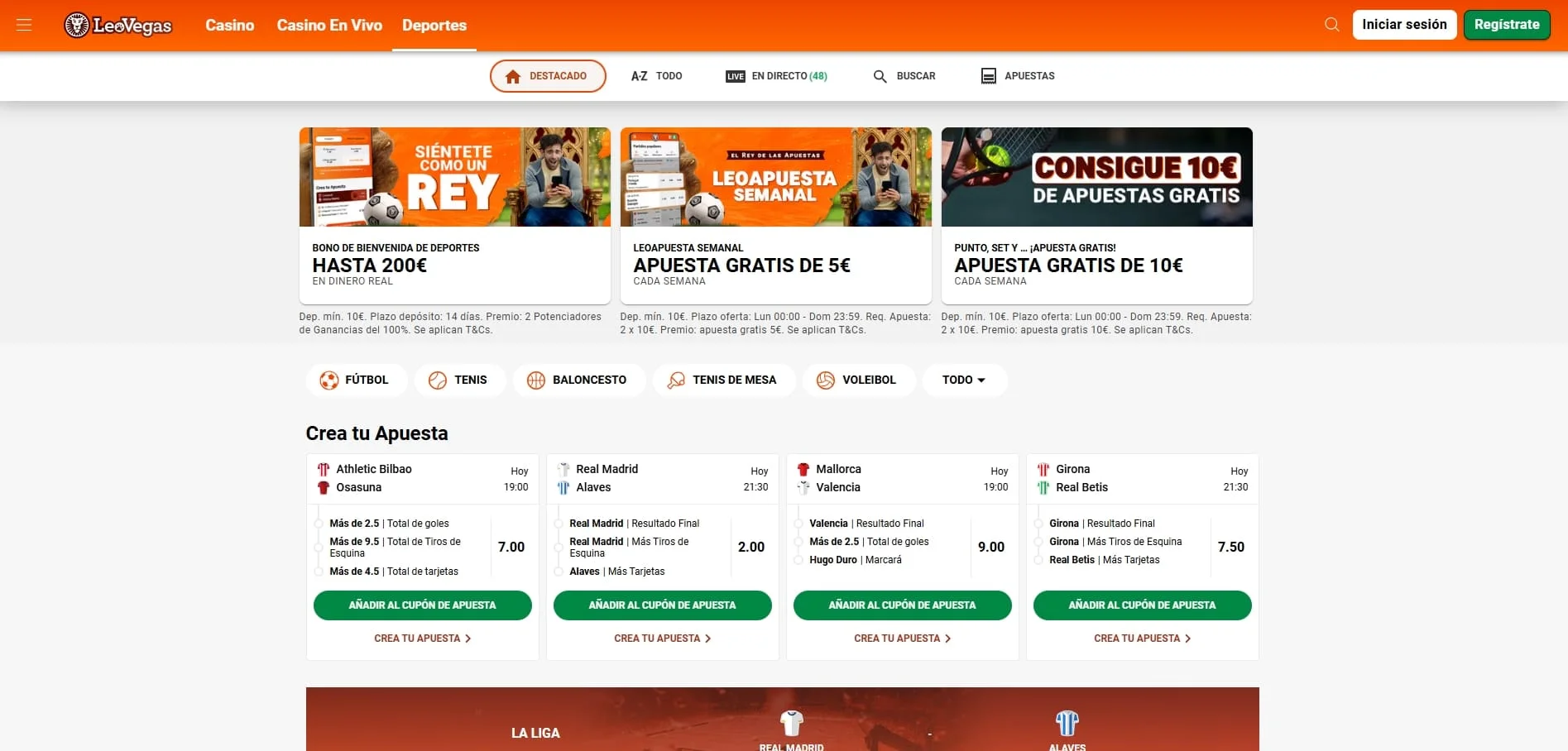 apuestas deportivas en vivo en LeoVegas con cuotas y mercados
