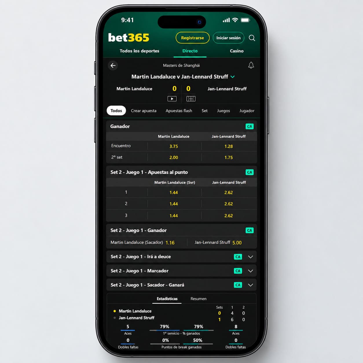 Streaming de un partido en directo desde la app de bet365