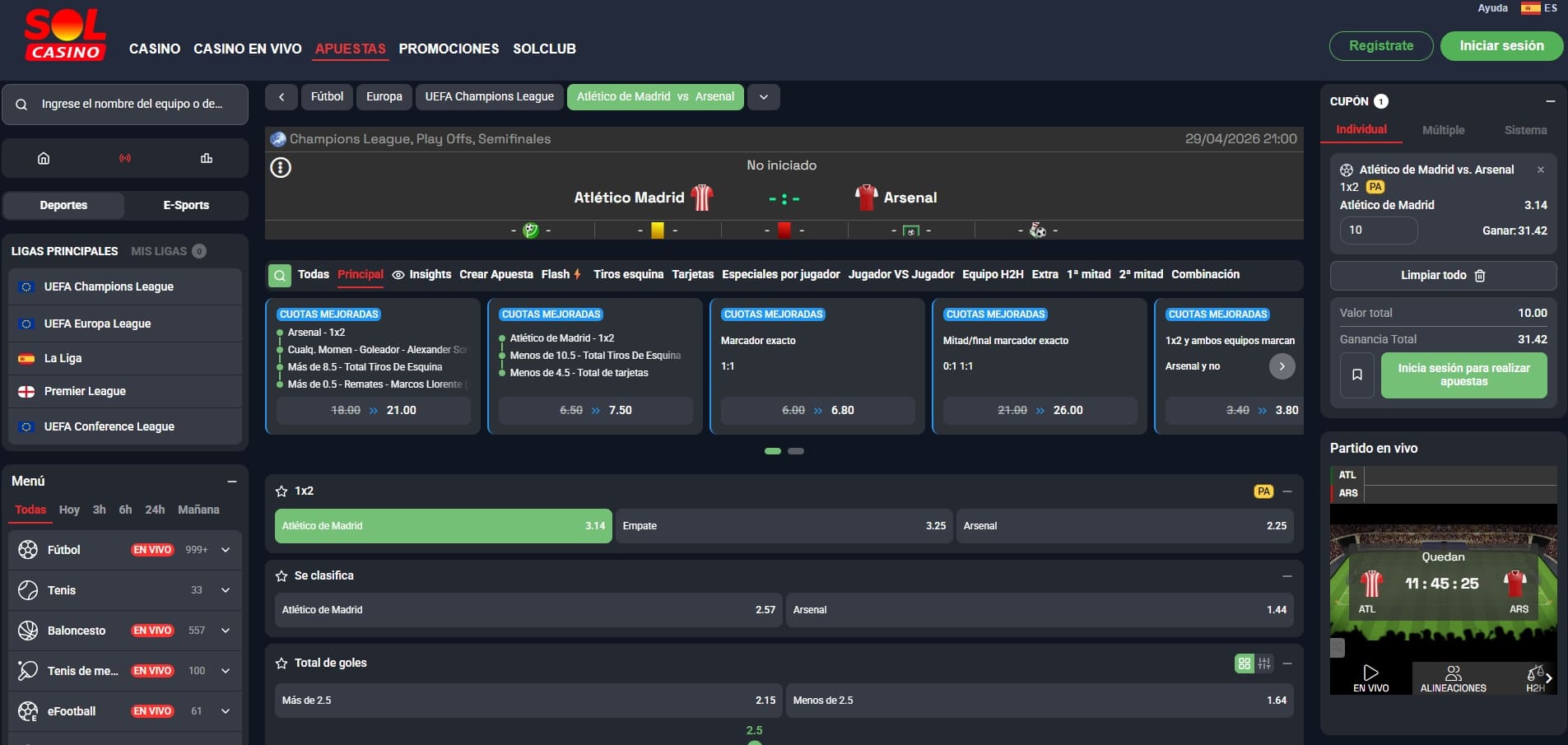 streaming en vivo y crear apuesta en solcasino