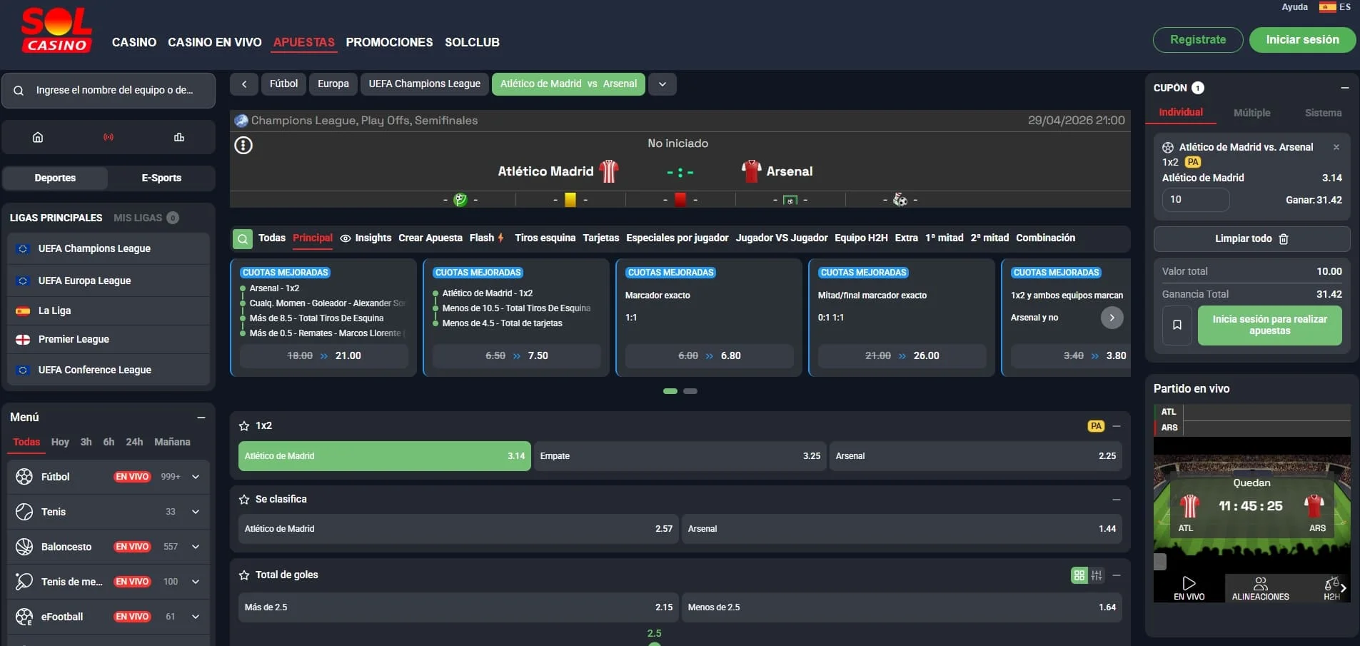 streaming en vivo y crear apuesta en solcasino