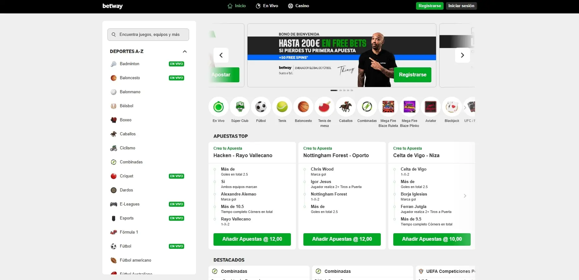 Interfaz de Betway para apostar en fútbol en directo