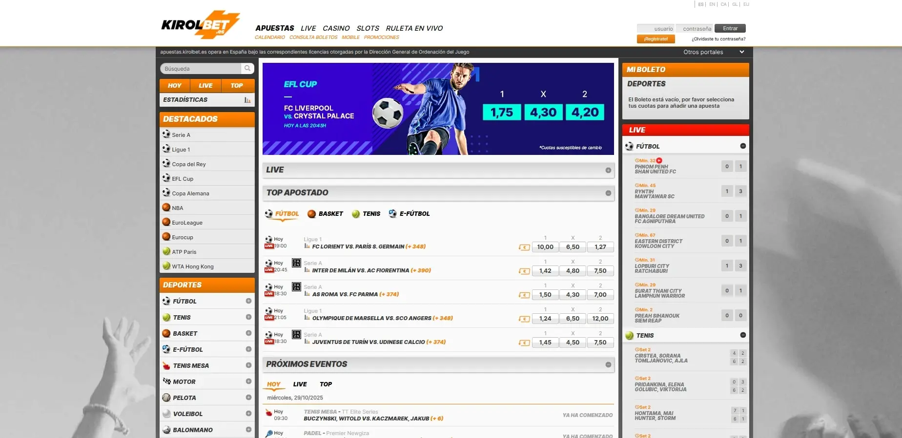 Cuotas de apuestas en Kirolbet