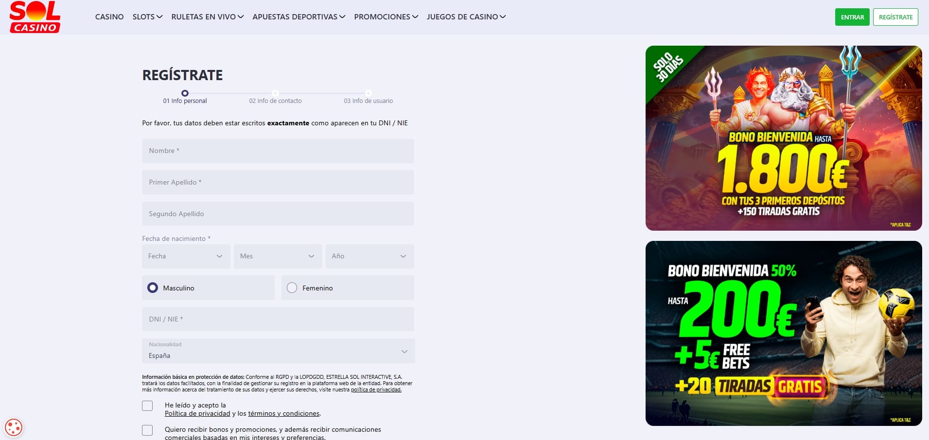 consigue el bono de apuestas de solcasino de bienvenida