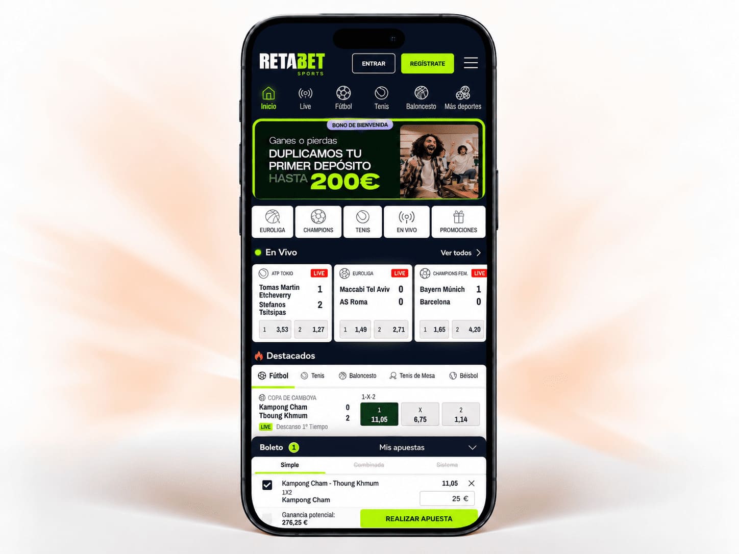 página de bienvenida de retabet hasta 200€ gratis de bienvenida