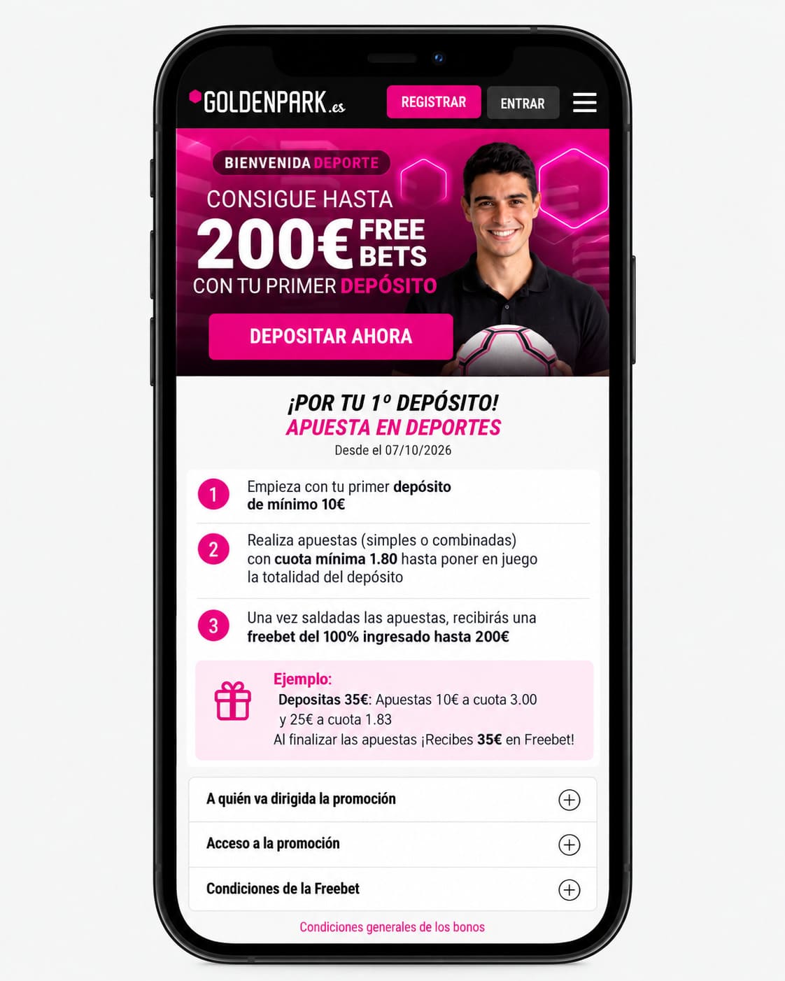 Freebet de GoldenPark del 100% del primer depósito, ganes o pierdas tus apuestas