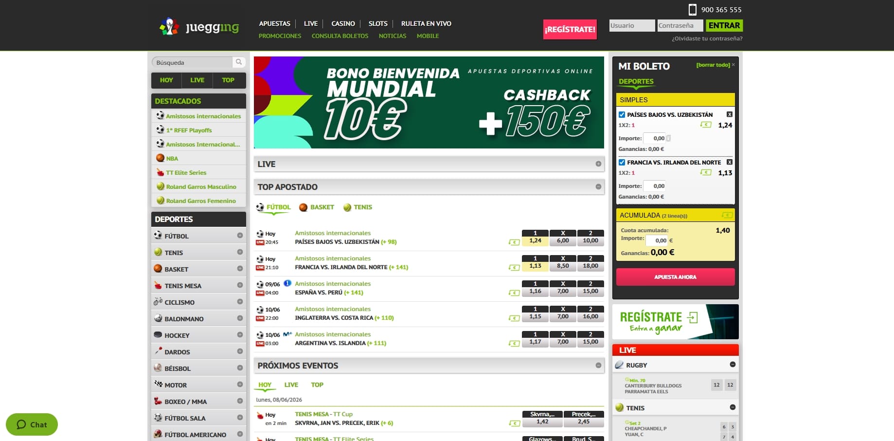 Promoción Juegging Mundial 10€ en freebet sin depósito y apuesta asegurada hasta 150€