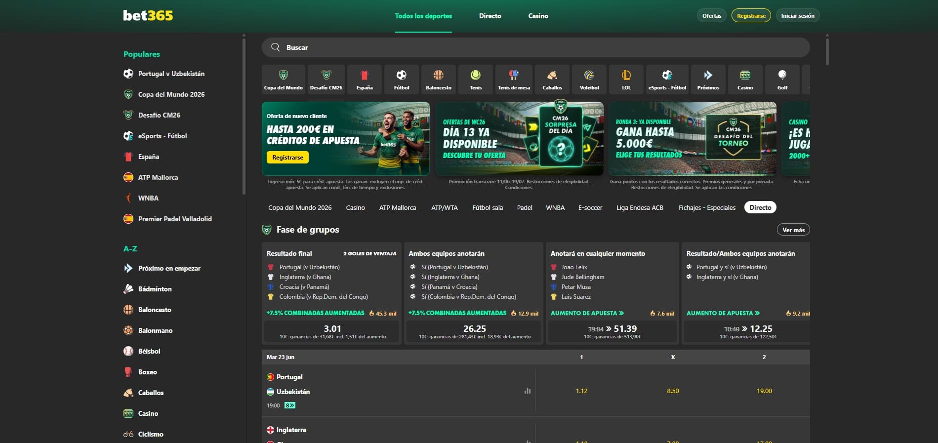 Pantalla de apuestas deportivas de Bet365 con herramientas en vivo