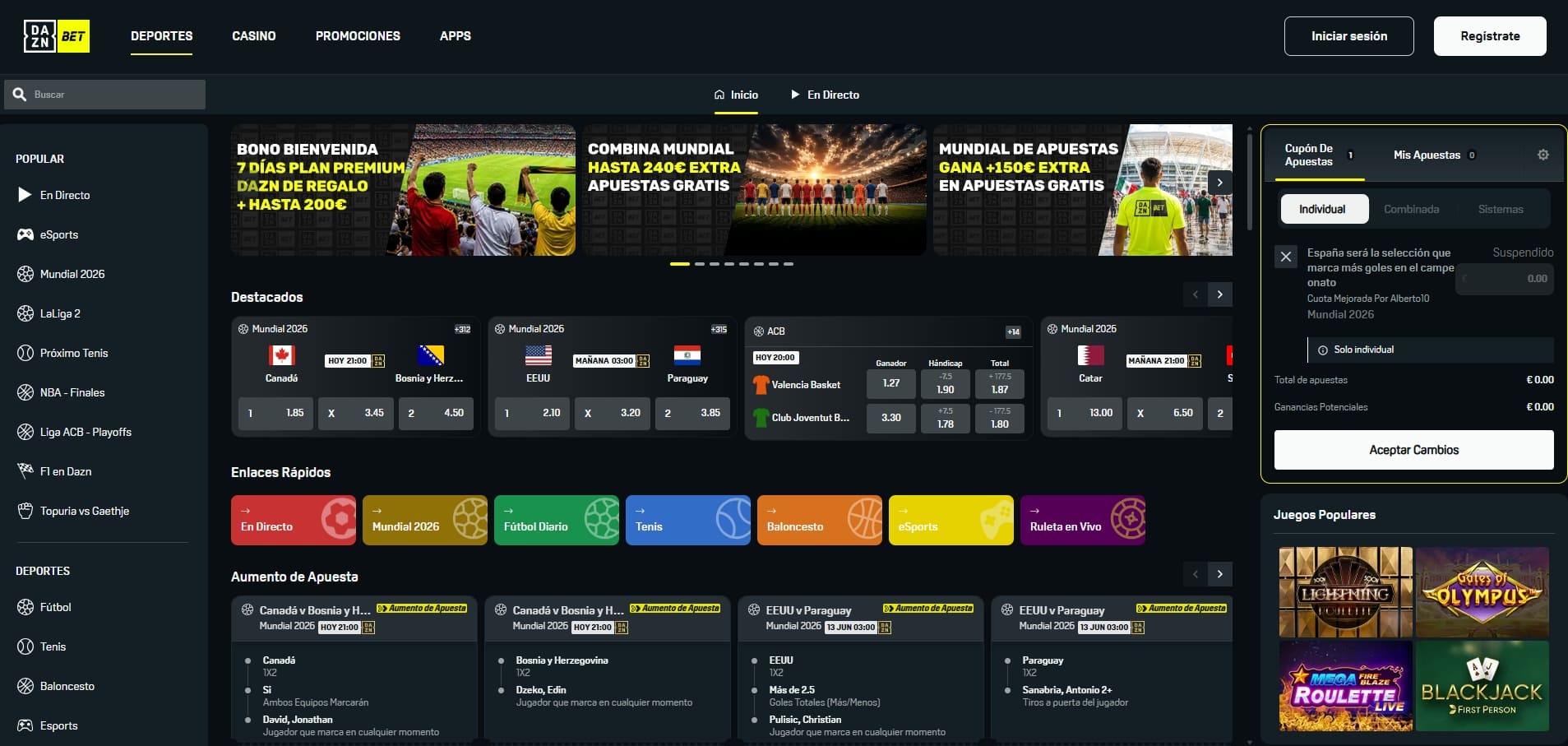DAZN Bet bono Mundial 2026 con acceso Premium y apuestas gratis para nuevos usuarios