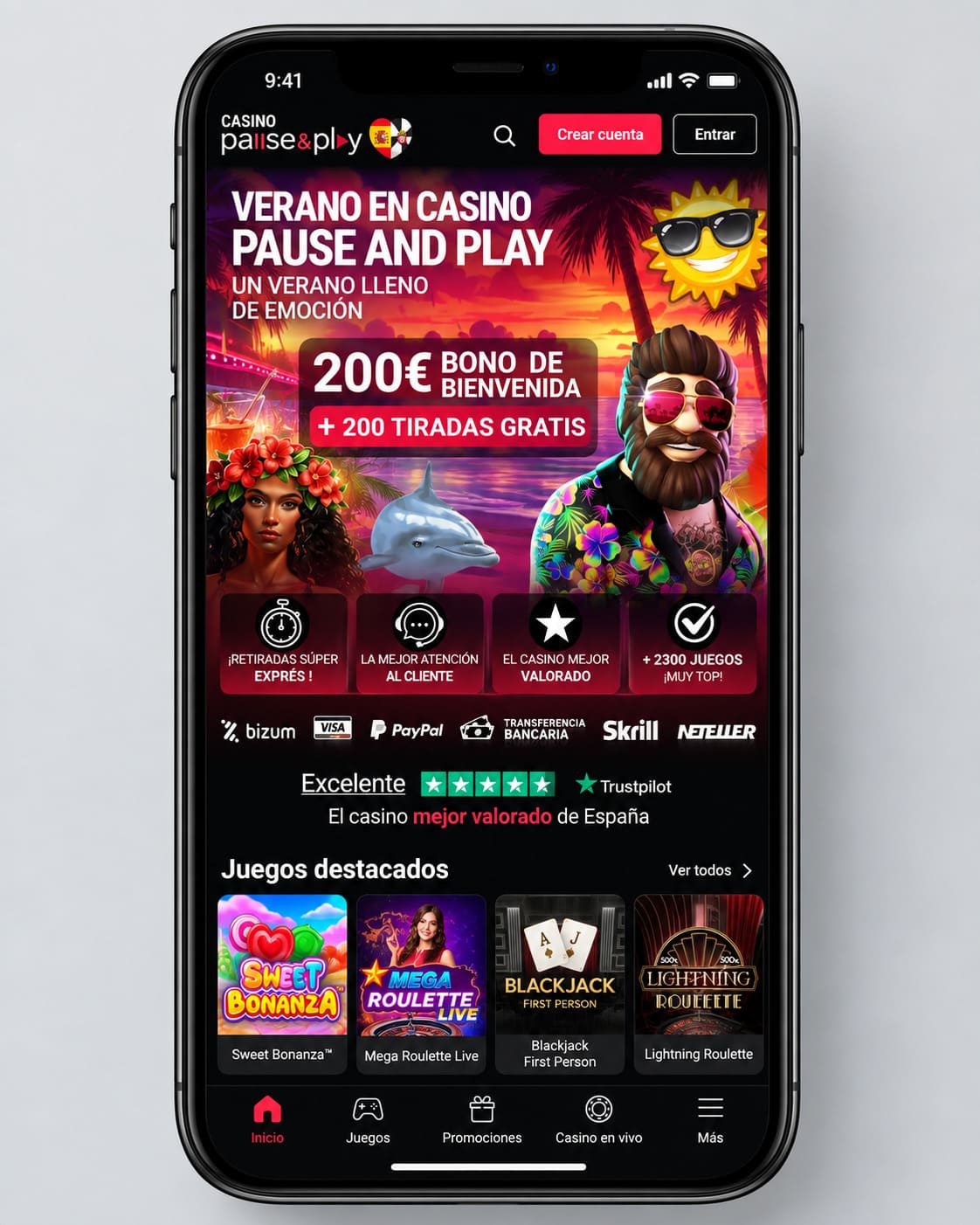200€ de bono + 200 tiradas gratis en Pause&Play