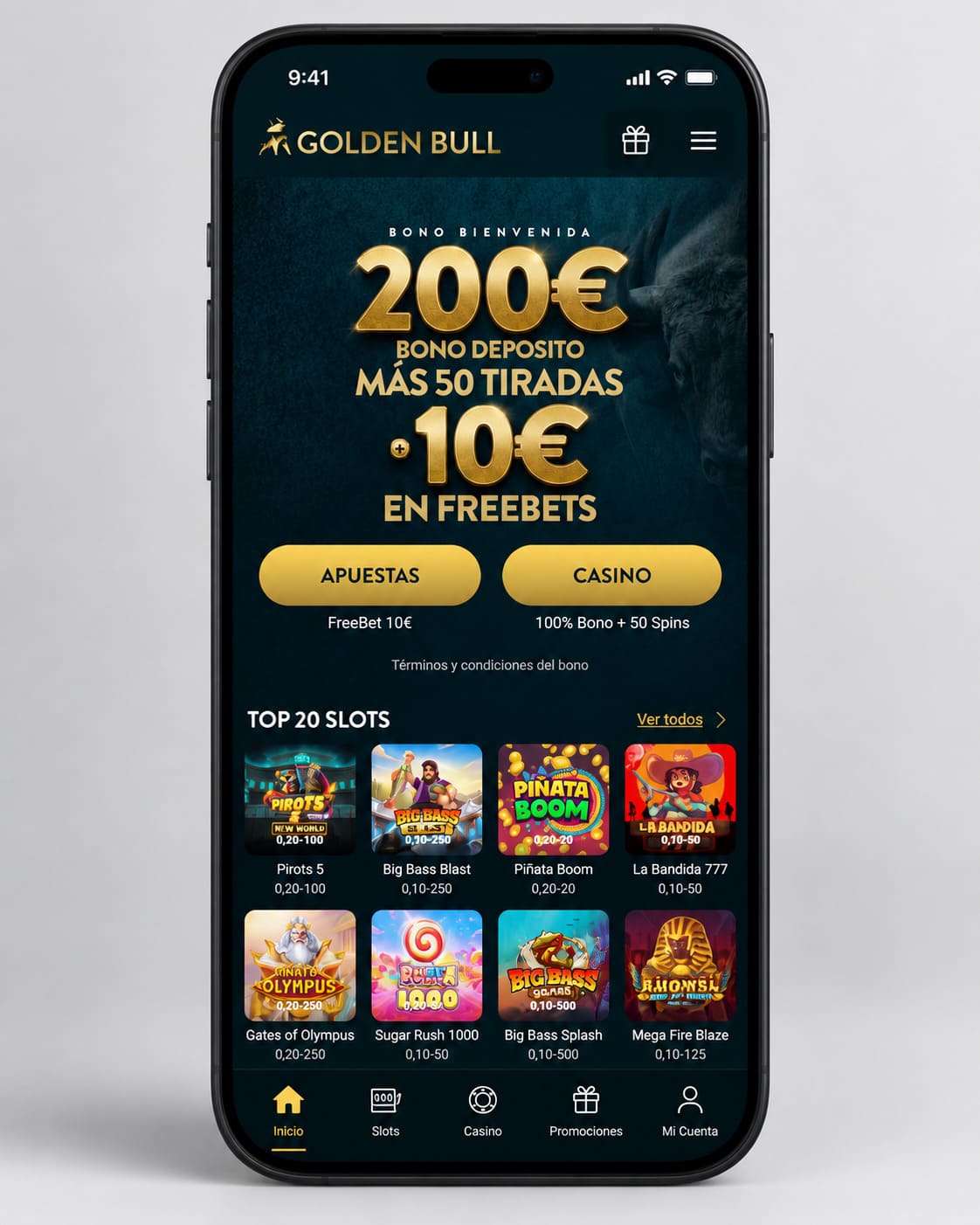 200€ de bono + 50 giros en Golden Bull
