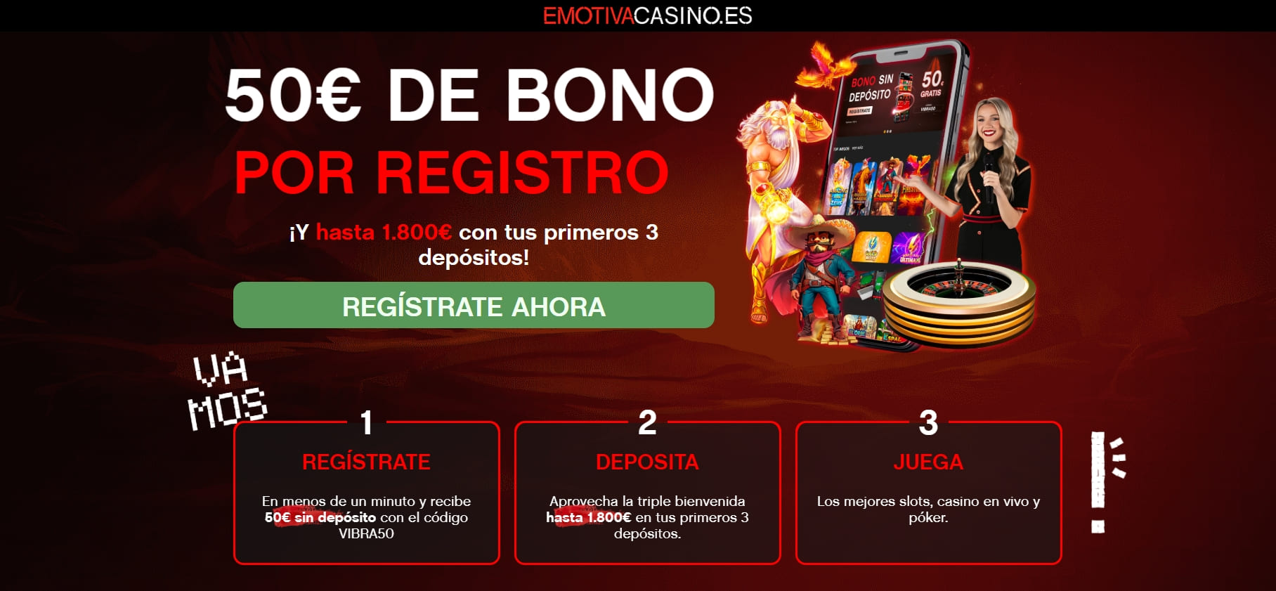 Código promocional Emotiva Casino VIBRA50 con bono sin depósito de 50 euros