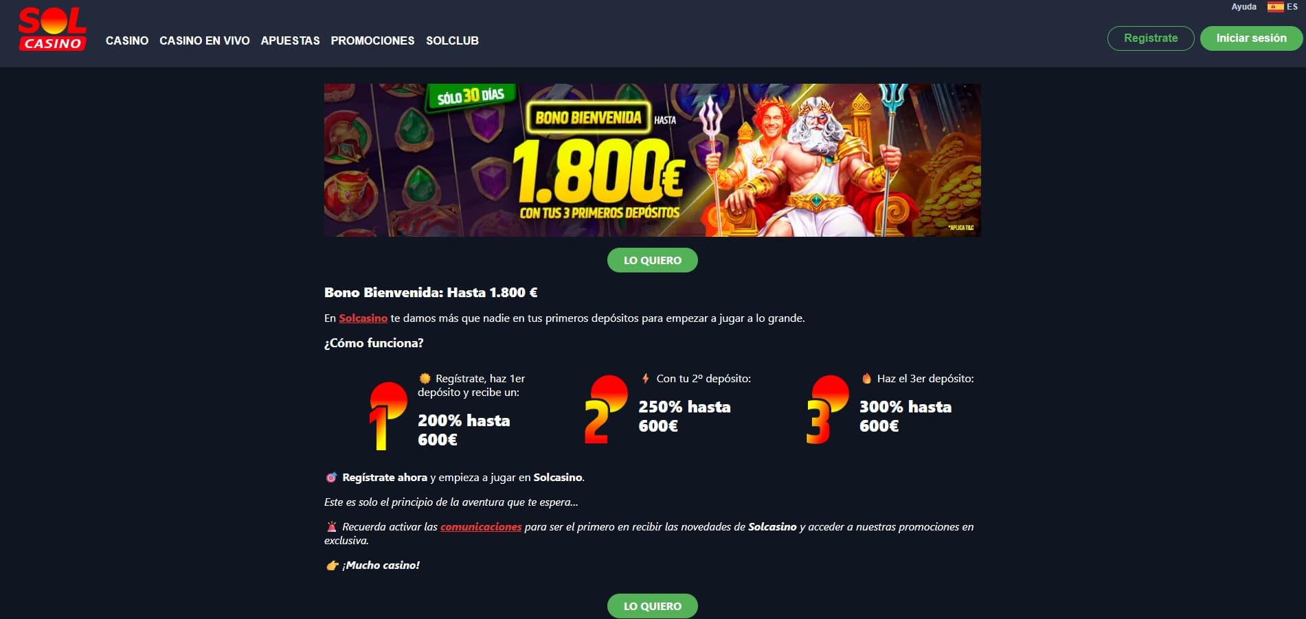 hasta 1.800€ de bono de bienvenida en solcasino