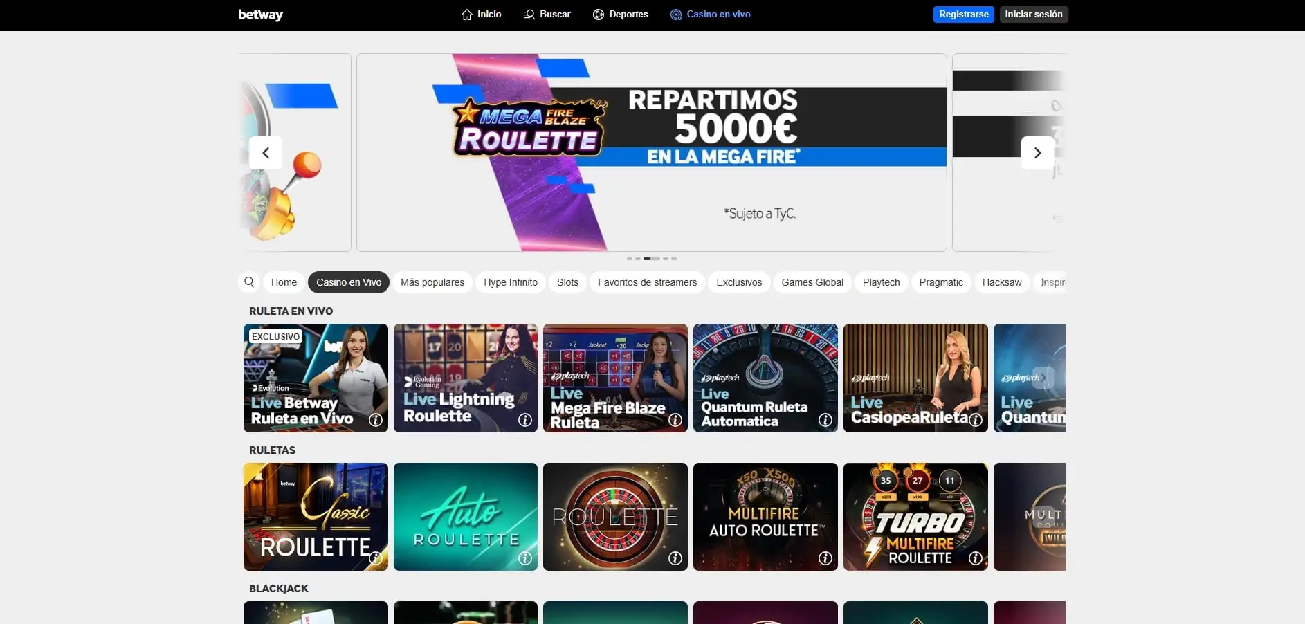 3. Juegos de ruleta y blackjack en el casino Betway