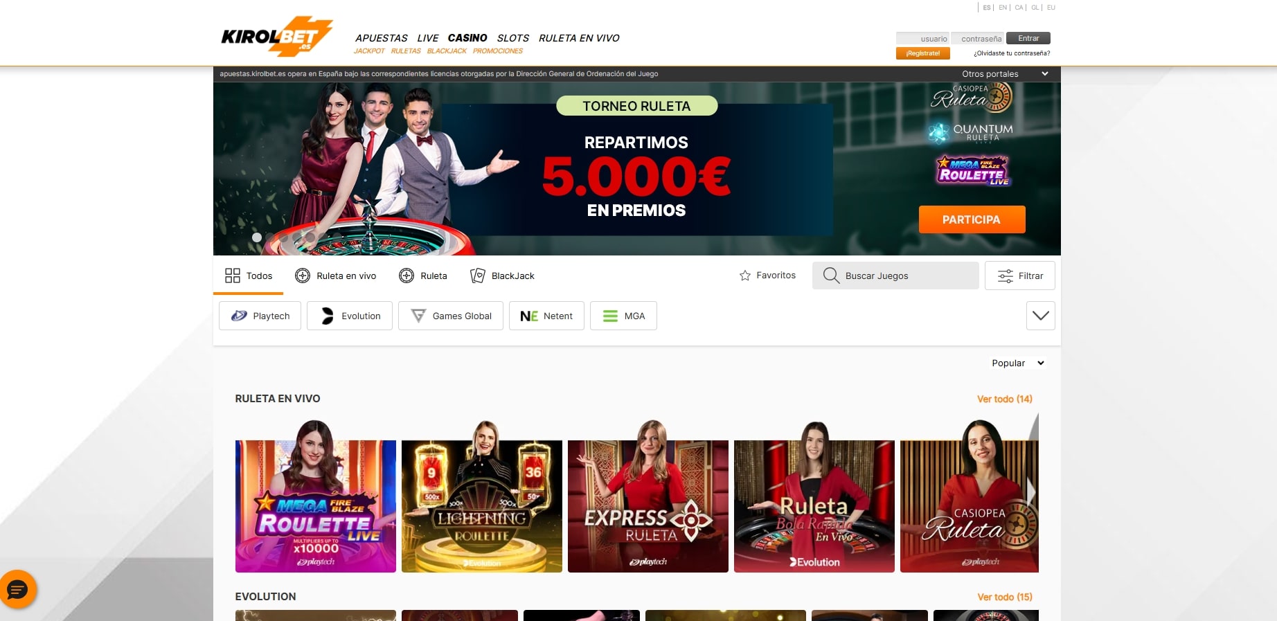 Ruleta en vivo Kirolbet con crupier y multiplicadores