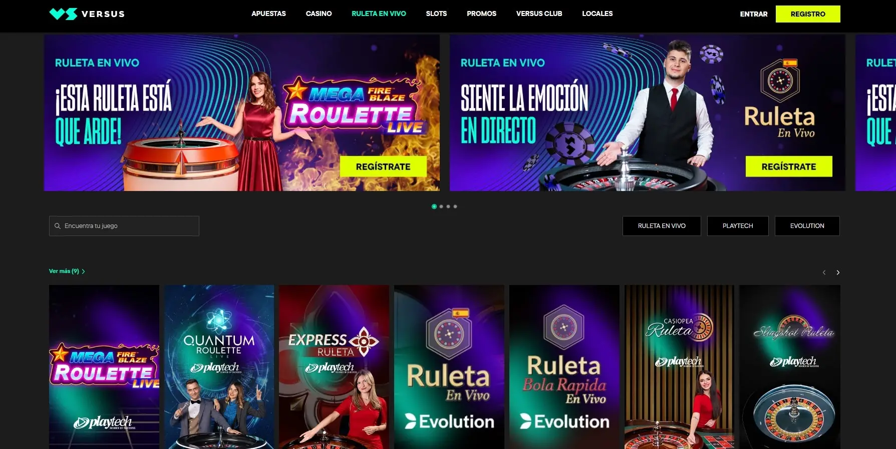 Interfaz de usuario de la plataforma Versus mostrando mercados de apuestas en vivo