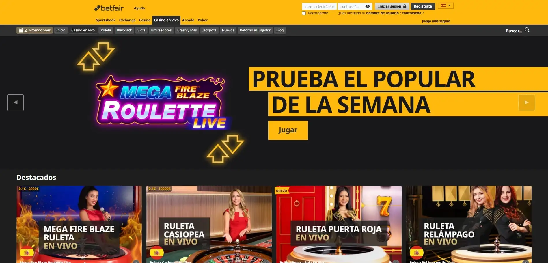 Interfaz del casino online de Betfair mostrando tragamonedas