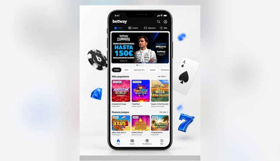 Betway casino con banner de bono de bienvenida hasta 150 euros