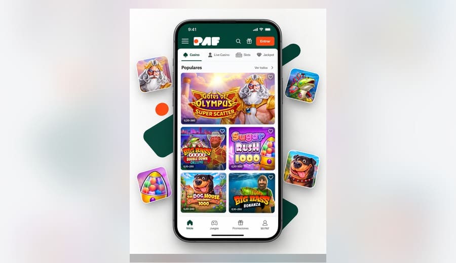 PAF casino online con mosaico de slots populares como Gates of Olympus