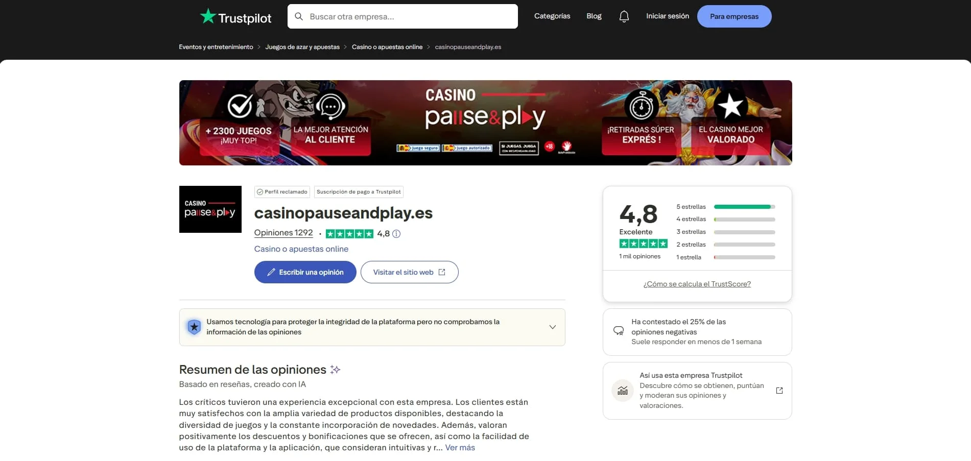 casino pause and play el casino mejor valorado en trustpilot