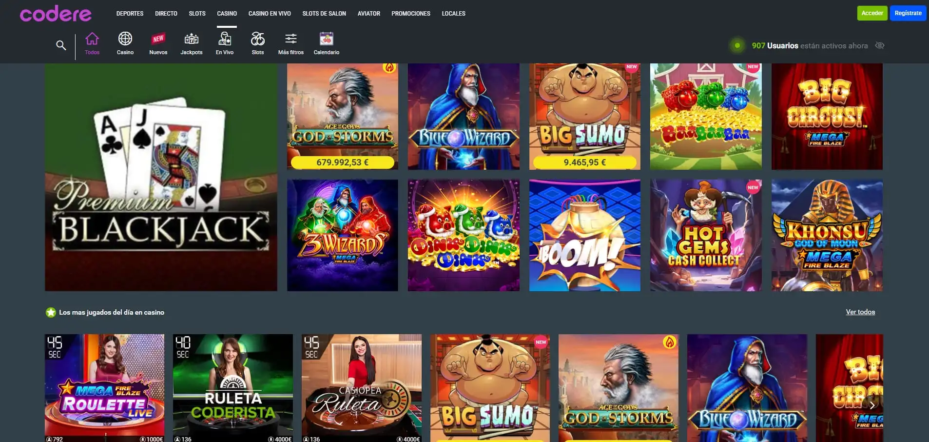 sección de casino online de codere españa