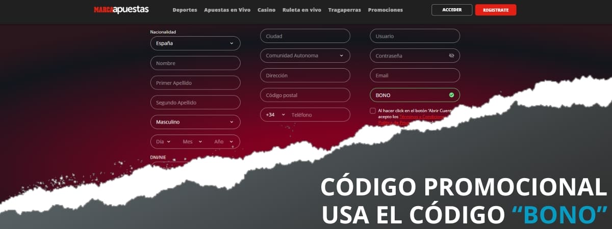 registro con código BONO en marca apuestas