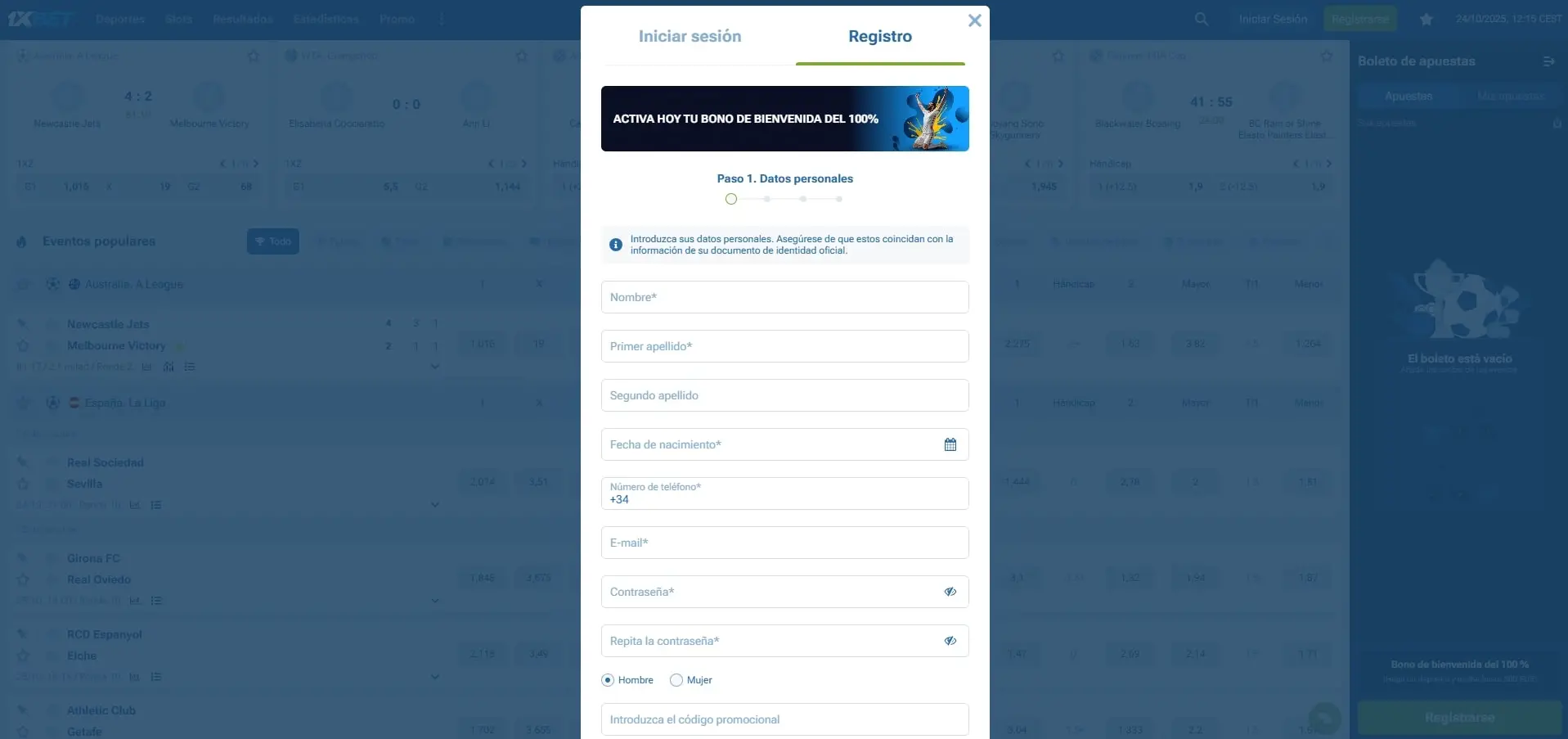 Captura de pantalla del formulario de registro rápido en 1xBet España