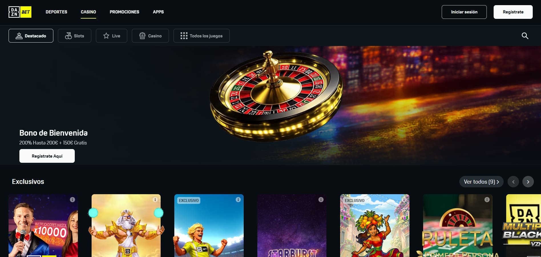 Sección de casino de DAZN Bet con ruleta y juegos exclusivos
