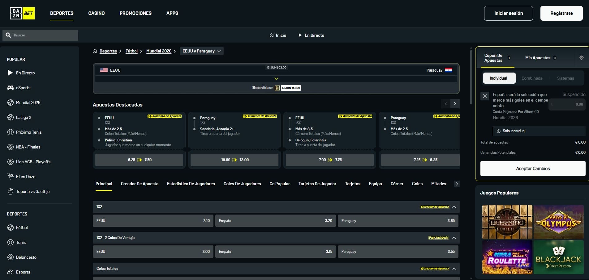 Promoción DAZN Bet Mundial 2026 con una semana gratis de DAZN y freebets