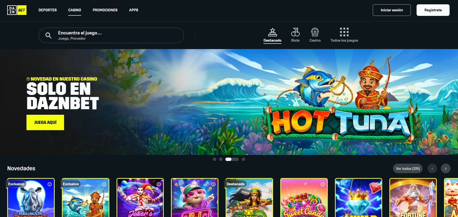 Sección de juegos y slots de DAZN Bet Casino, la nueva propuesta de casino online de la reconocida marca de deportes