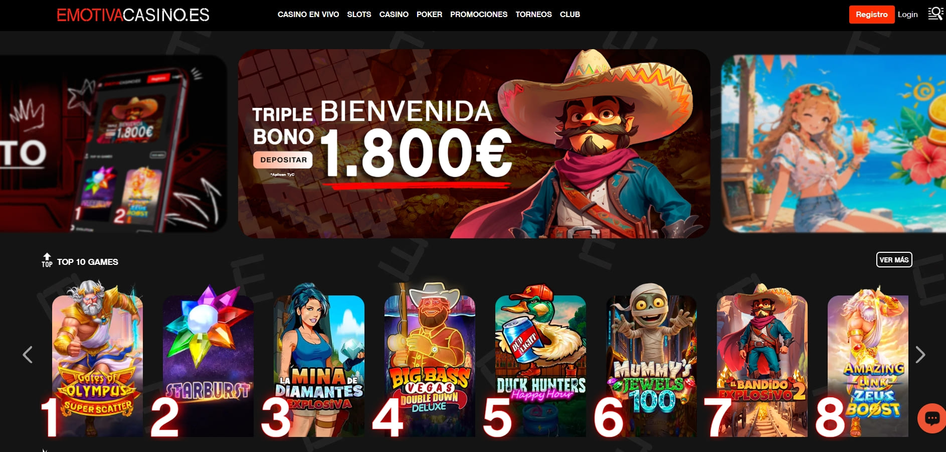 Página de inicio de Emotiva Casino con su Top 10 de slots