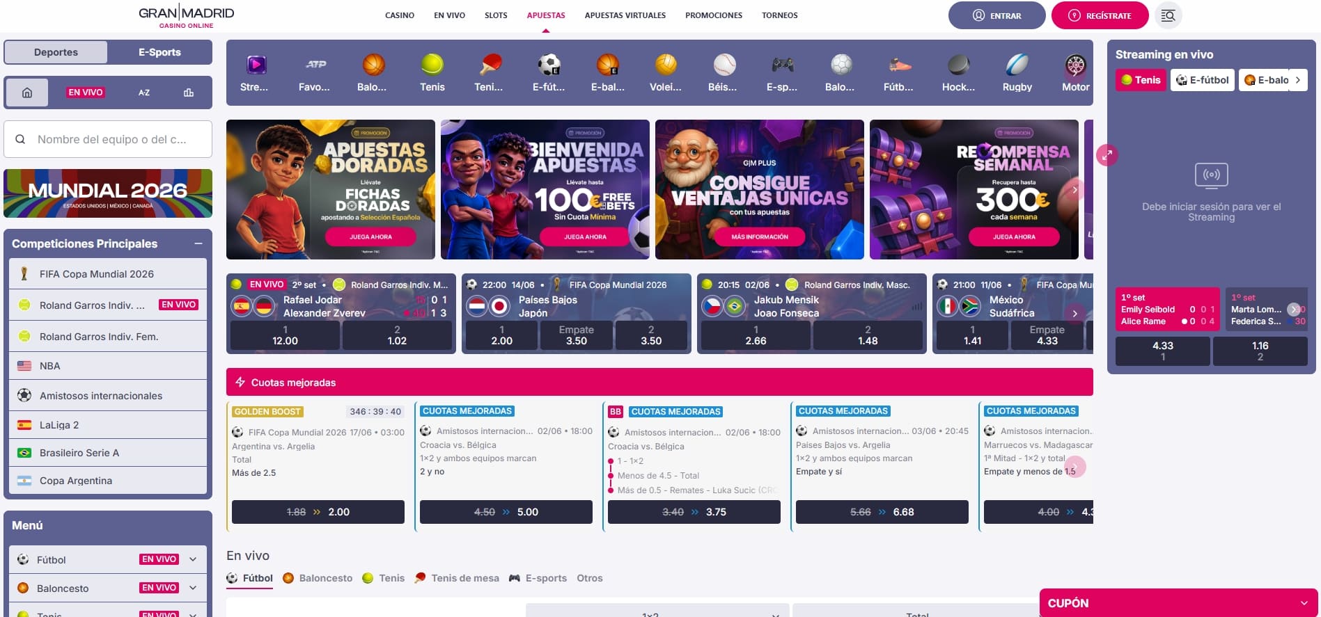 Bono bienvenida apuestas Casino Gran Madrid con hasta 100€ en Freebets